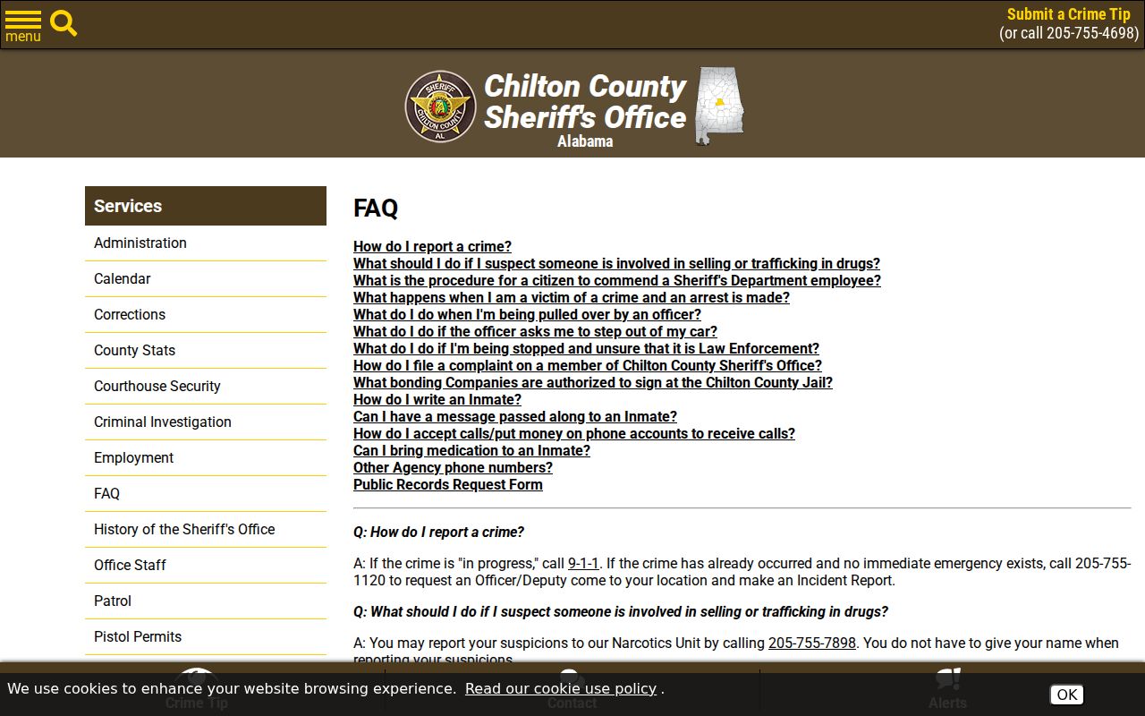 Chilton County inmate records sheriff FAQ page